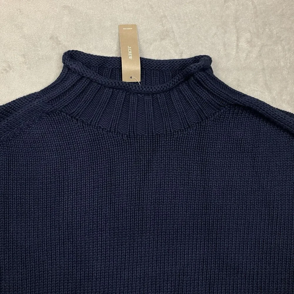 J Crew 2025 Rollneck Sweater Womens L Navy Blue 100% Cotton Coastal Minimalist